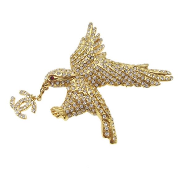 Auth Chanel Eagle Rhinestone Brooch Pin Corsage Gold-plated - Picture 1 of 4